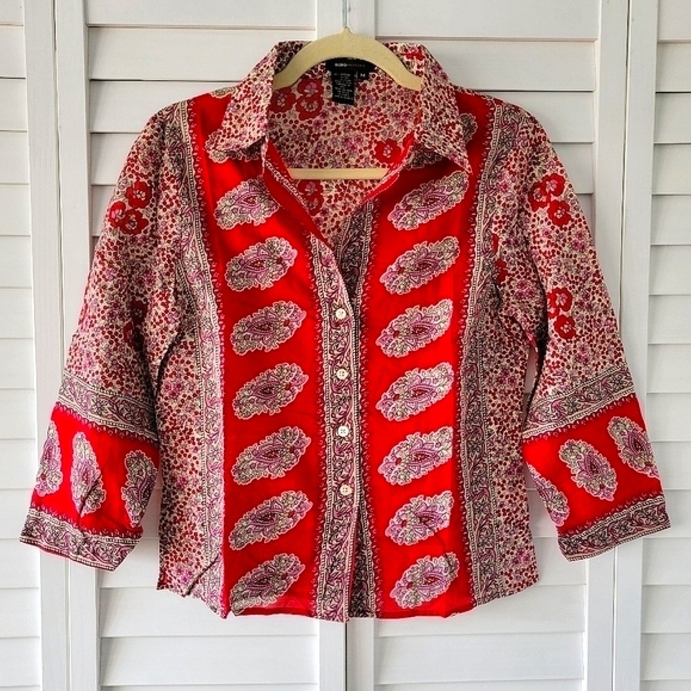 BCBGMaxAzria Cotton Shirt Womens M Cottagecore Retro 70s Boho Floral Lightweight